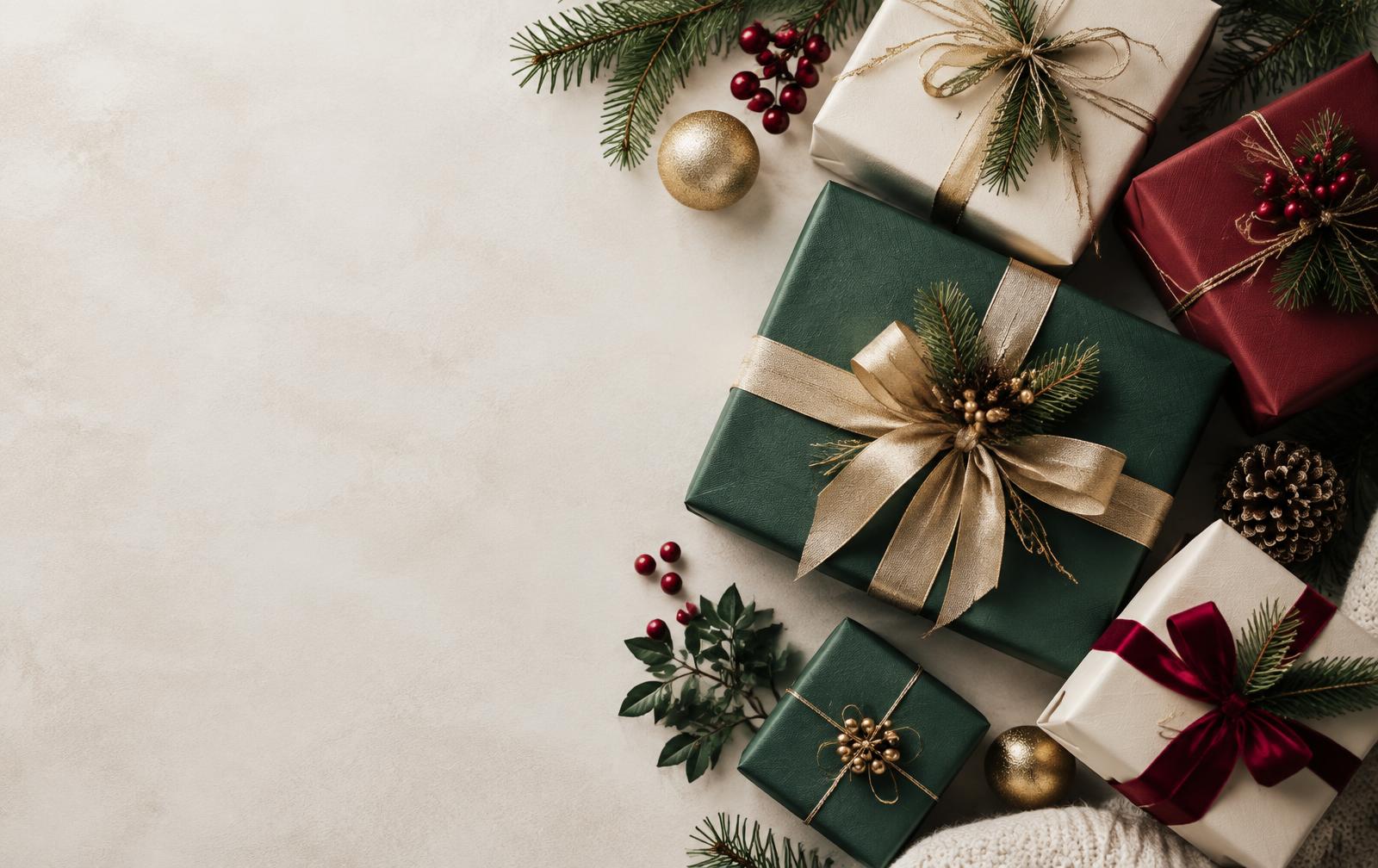 Wrapped holiday gifts in green, cream and red paper with gold ribbon